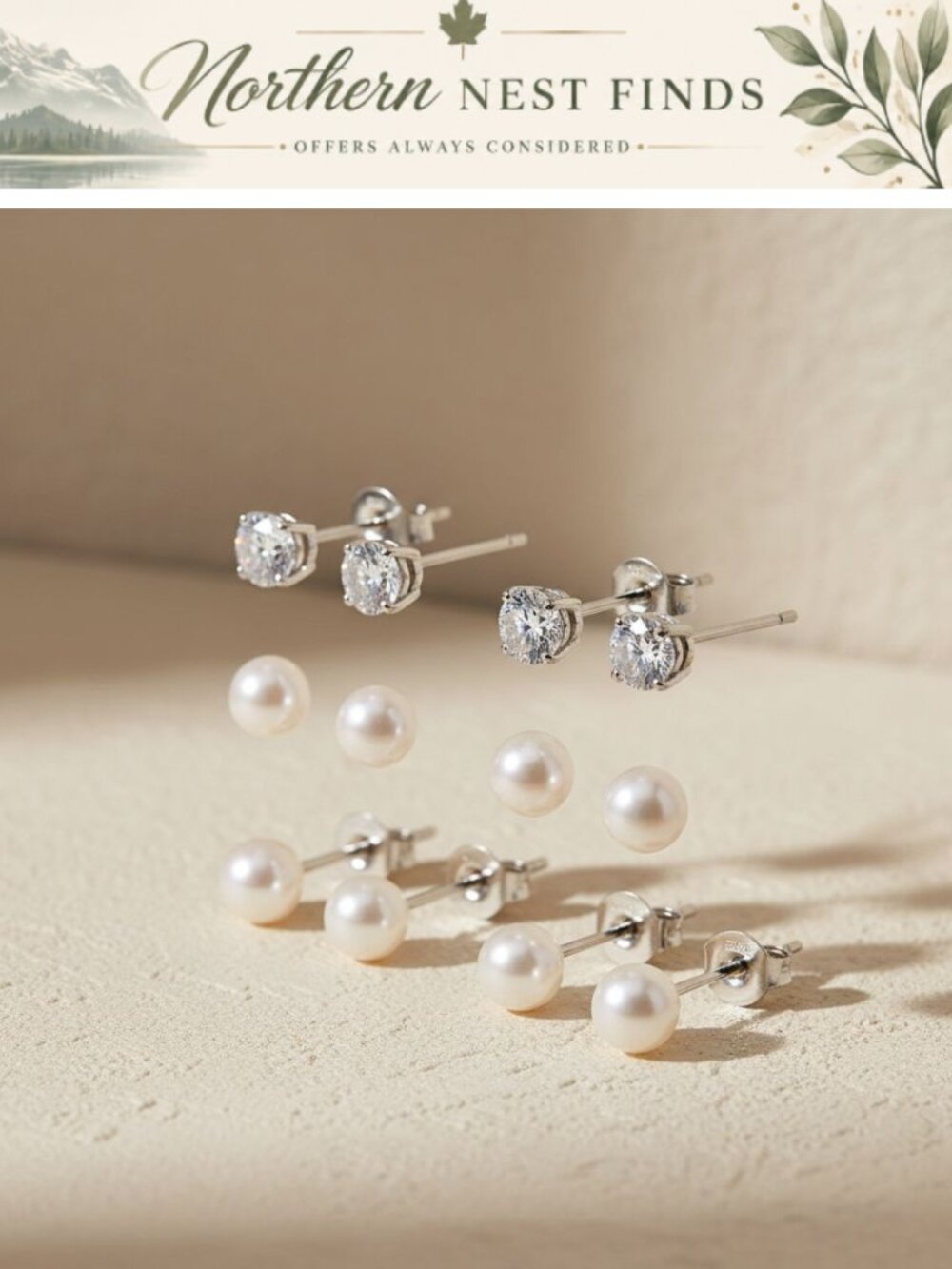 Sterling Silver Stud Earrings Set Hypoallergenic Pearl Cubic Zirconia 6 Pairs